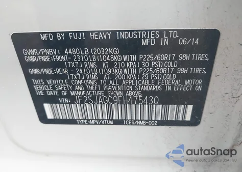 2015 Subaru Forester 2.5I Premium из США, поврежденный, VIN JF2SJAGC9FH475430